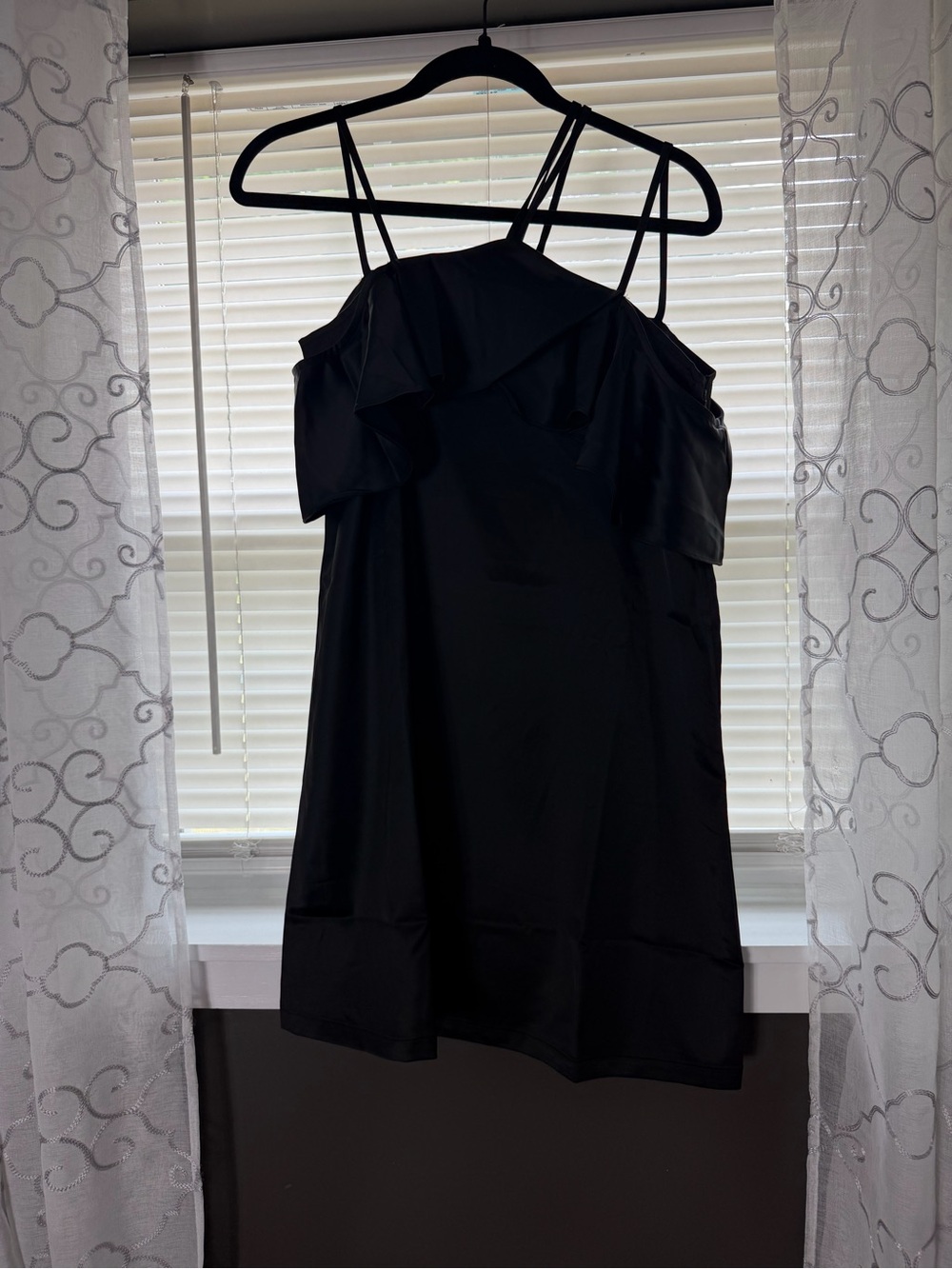Black Ruffle Off-Shoulder Mini Dress with Double Straps
